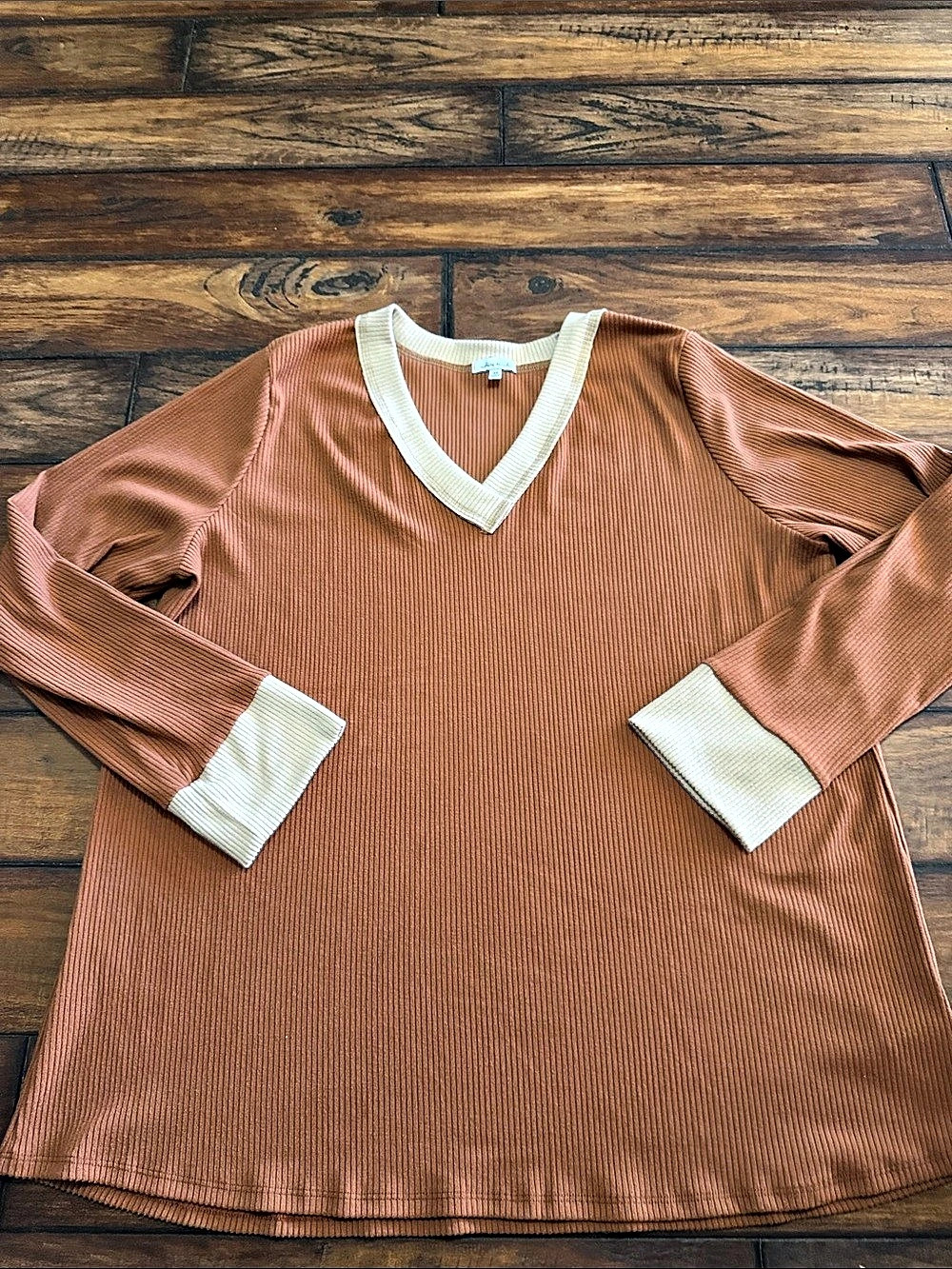 White Birch Rust & Beige Soft Ribbed Long Sleeve Top